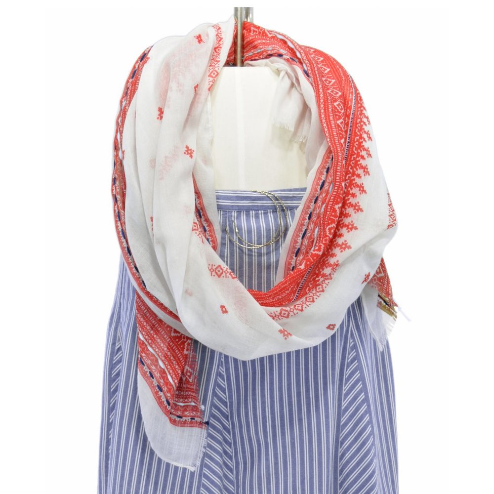 Red & White Fringe Oblong Scarf & Hoop Earrings